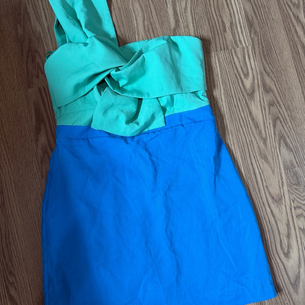 DO+BE One-Shoulder Teal & Bright Blue Colorblock Dress